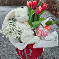 Композиція з тюльпанів та м'якої іграшки